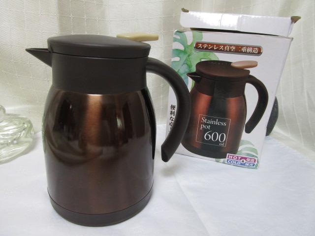未使用 ステンレスポット 600ml 真空二重構造 保温&保冷 ブラウン 卓上ポット の写真1